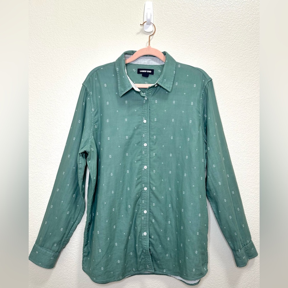 Lands' End Large (14-16) Green Aztec Print Button Down Shirt Roll Tab Sleeves